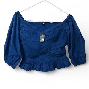 Express Blue Smocked Off-Shoulder Puff Sleeve Cropped Top Size Medium NWT